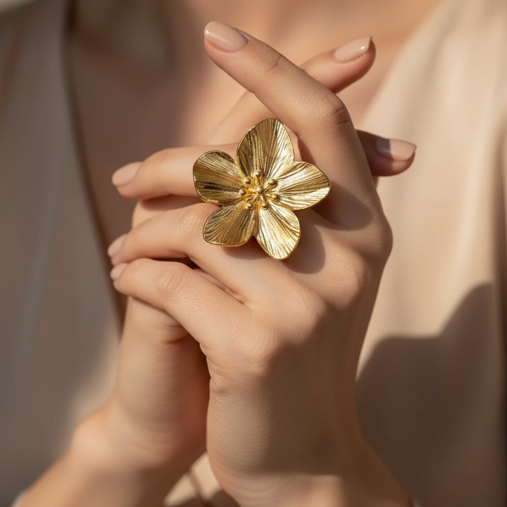 Bague femme acier inoxydable doré fleur