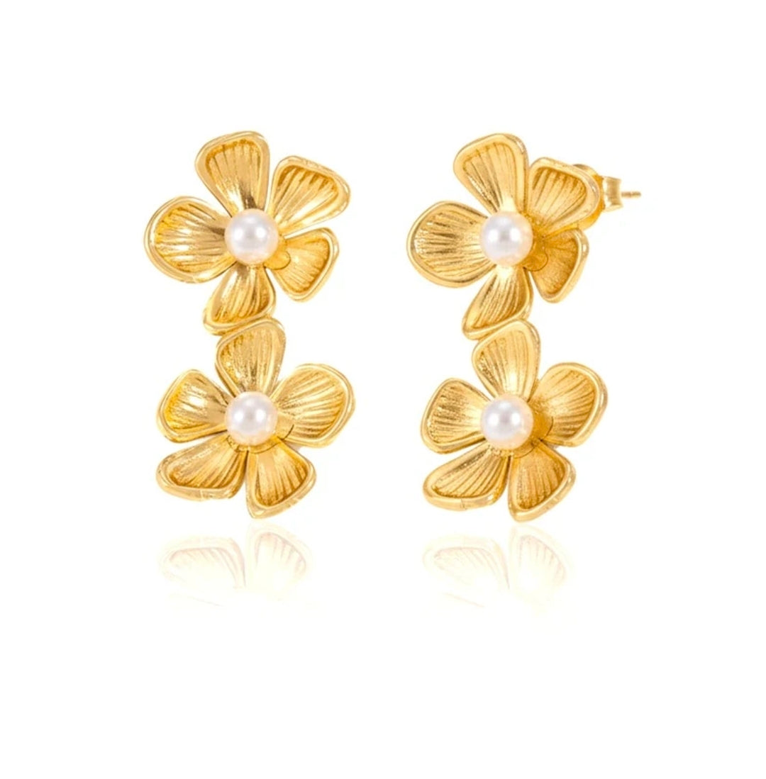 Boucles d'oreilles femme en acier inoxydable doré tombantes deux fleurs avec perles