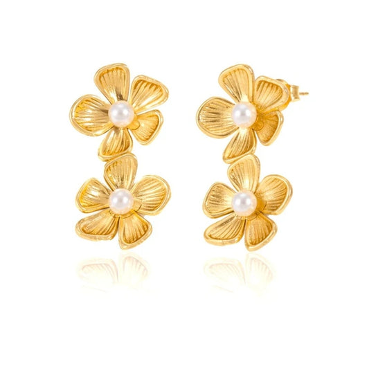 Boucles d'oreilles femme en acier inoxydable doré tombantes deux fleurs avec perles