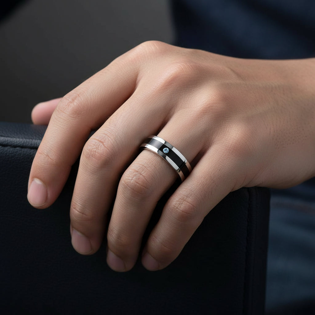 Bague homme alliance acier 316 noir argenté avec diamant CZ