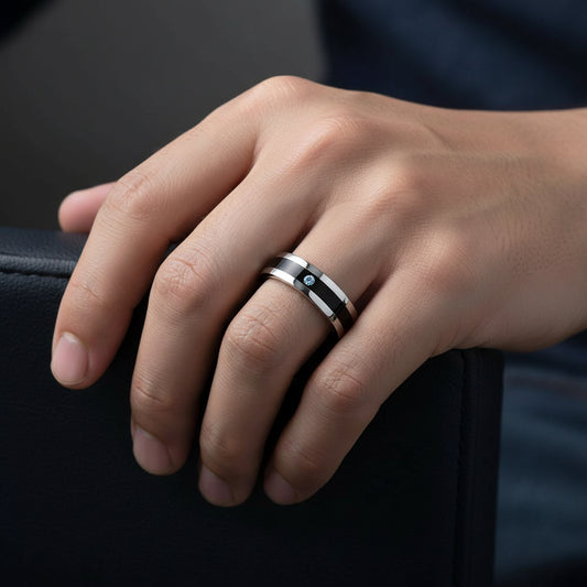 Bague homme alliance acier 316 noir argenté avec diamant CZ