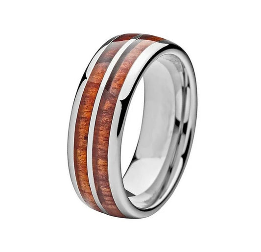Bague homme acier inoxydable alliance bande centrale marron