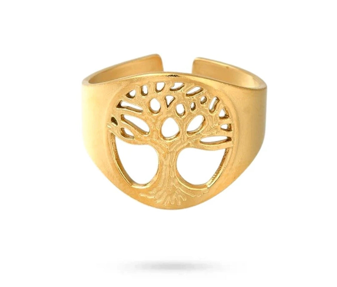 Bague femme acier inoxydable dorée arbre de vie