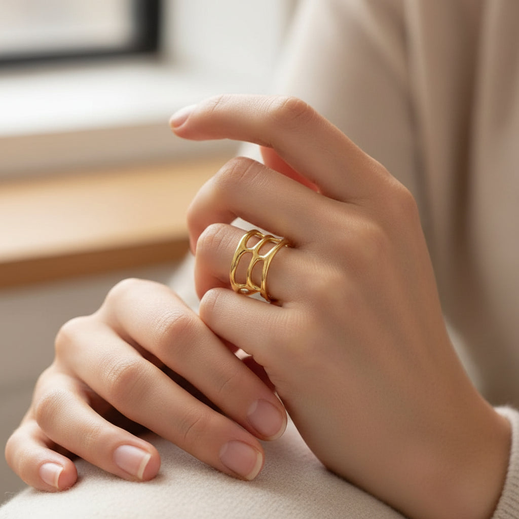 Bague femme acier inoxydable réglable large doré à l'or fin