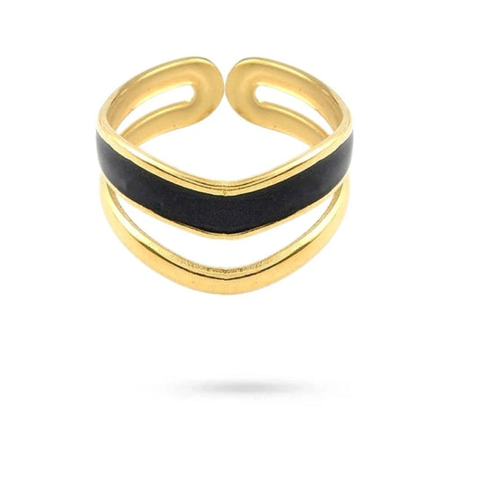 Bague acier inoxydable dorée double rang émail noir