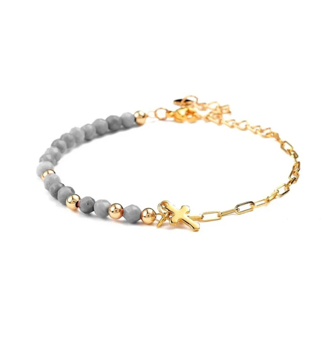Bracelet pour femme - perles naturelles labradorite breloque croix