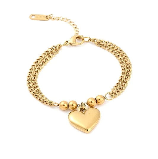 Bracelet femme en acier inoxydable double chaîne gourmette et breloque cœur