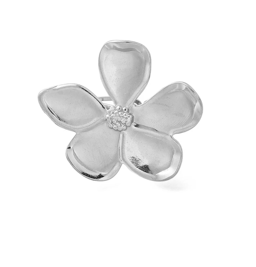 Bague acier inoxydable réglable argentée fleur 35 mm