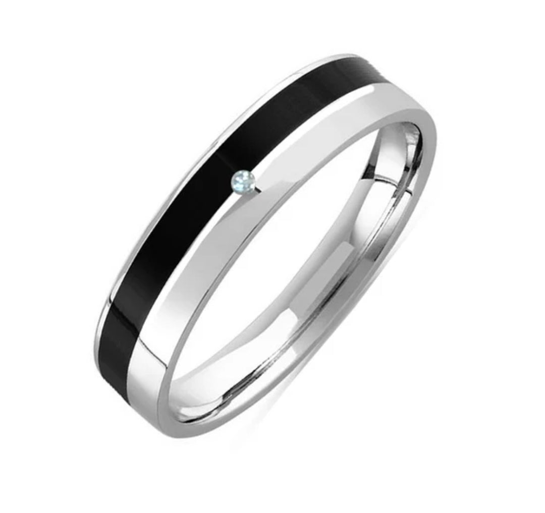 Bague homme alliance acier 316 noir argenté avec diamant CZ