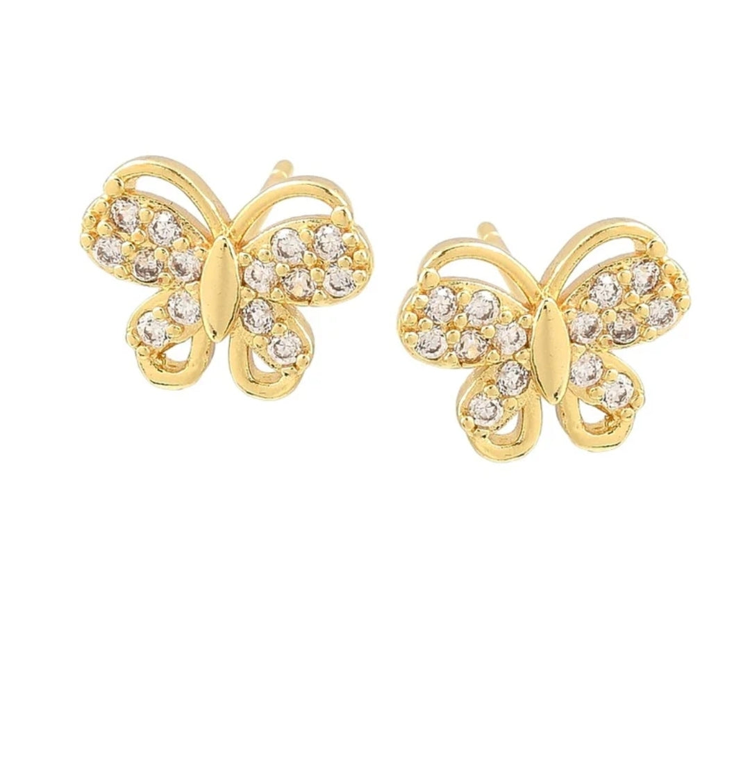 Boucles d'oreilles femme joli papillon dorées à l'or fin zirconiums sertis