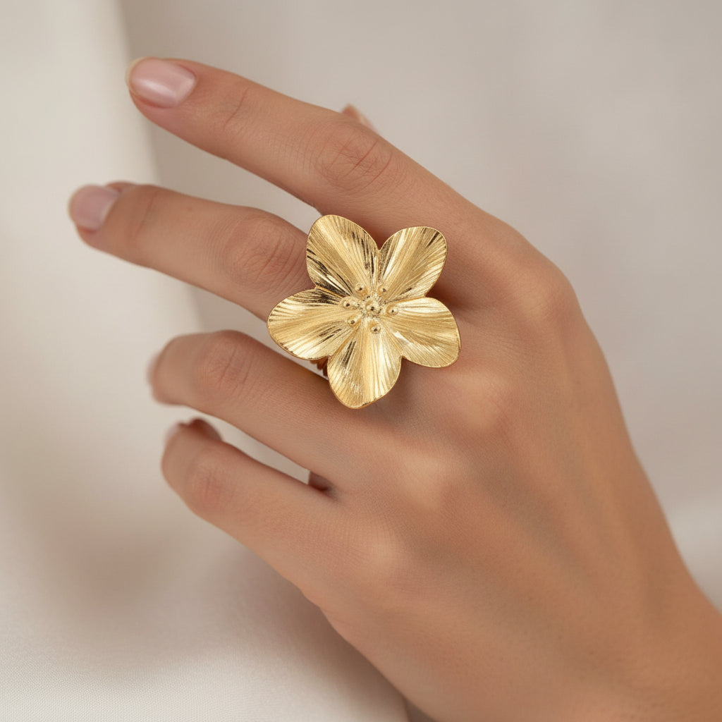 Bague femme acier inoxydable doré fleur