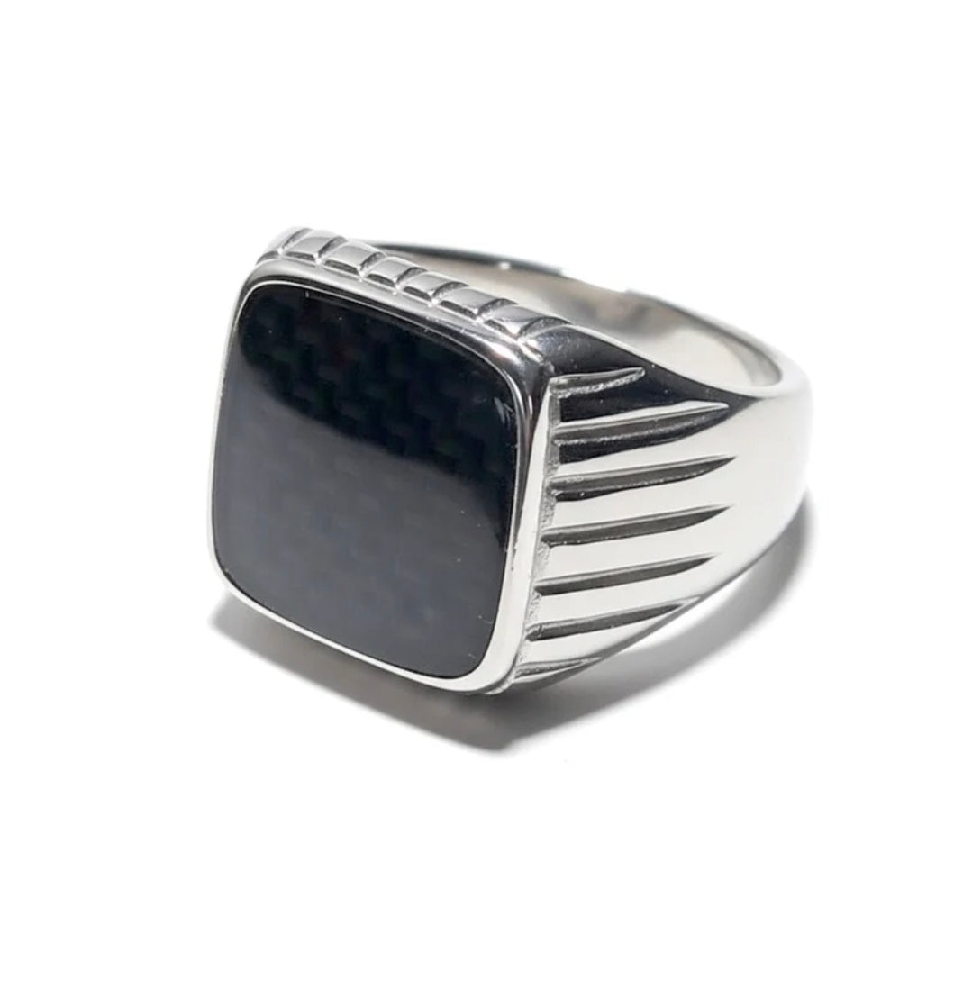 Bague homme chevalière acier inoxydable carbone