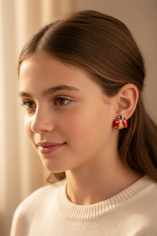 Boucles d'oreilles enfant coccinelles émail rouge dorées à l'or fin