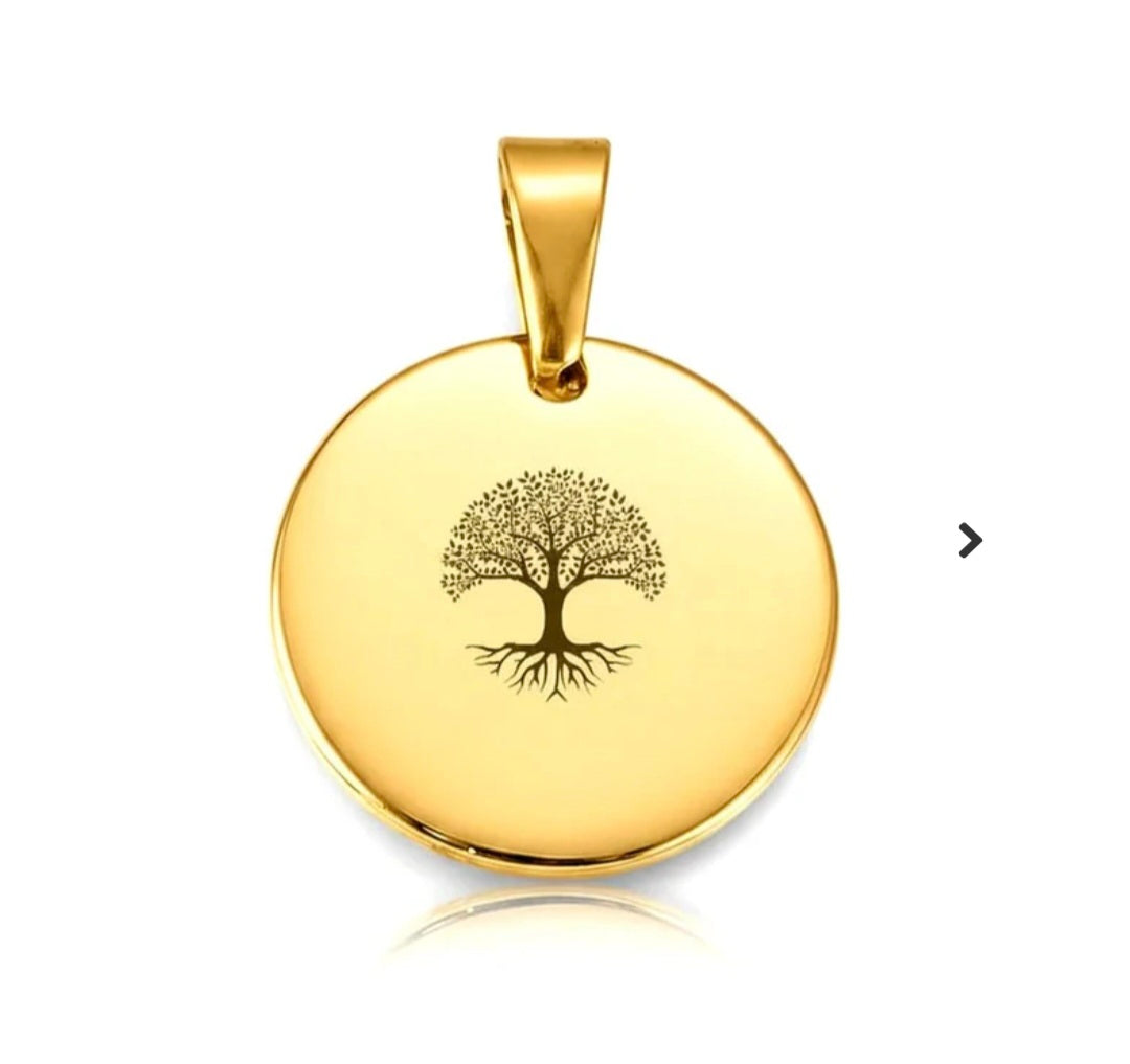 Pendentif acier à personnaliser rond or arbre de vie