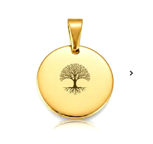 Pendentif acier à personnaliser rond or arbre de vie