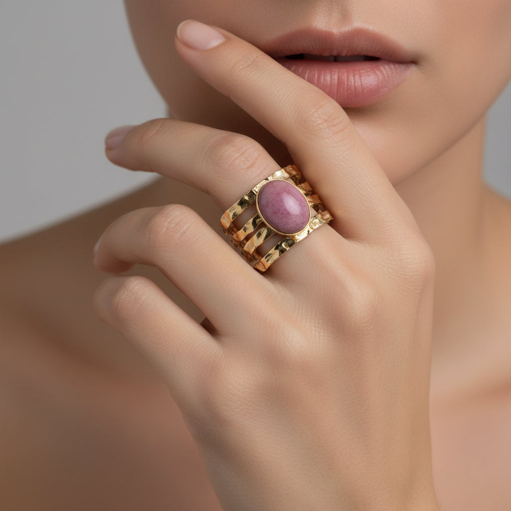 Bague acier inoxydable 4 rangs pierres naturelles rhodonite