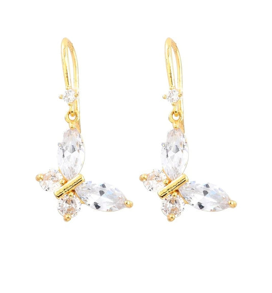 Boucles d'oreilles femme tombantes dorées à l'or fin papillon avec oxydes blanches