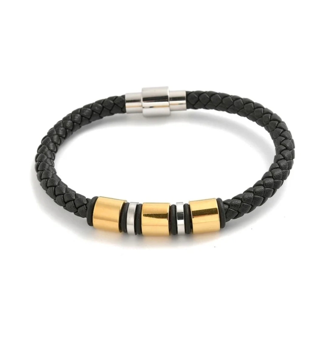 Bracelet souple en cuir tressé et acier inoxydable or et argenté