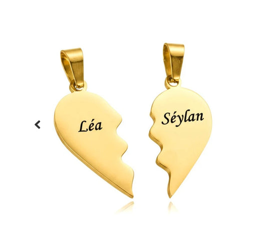 Pendentif acier à personnaliser double cœur or