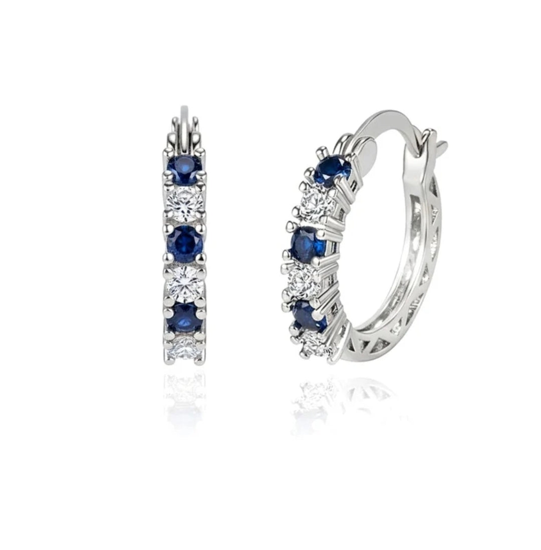 Boucles d'oreilles femme argent 925 Créoles blanc et bleu sertis Magdeleine