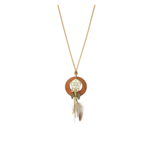 Collier fantaisie- Style bohème bois et métal papillon