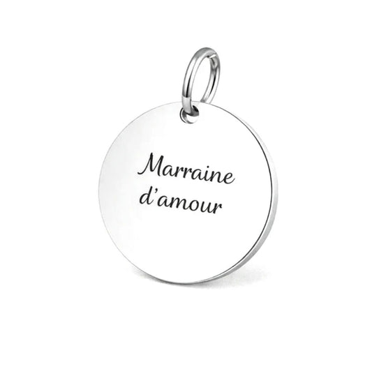 Pendentif acier à personnaliser rond argenté thème Marraine d'amour