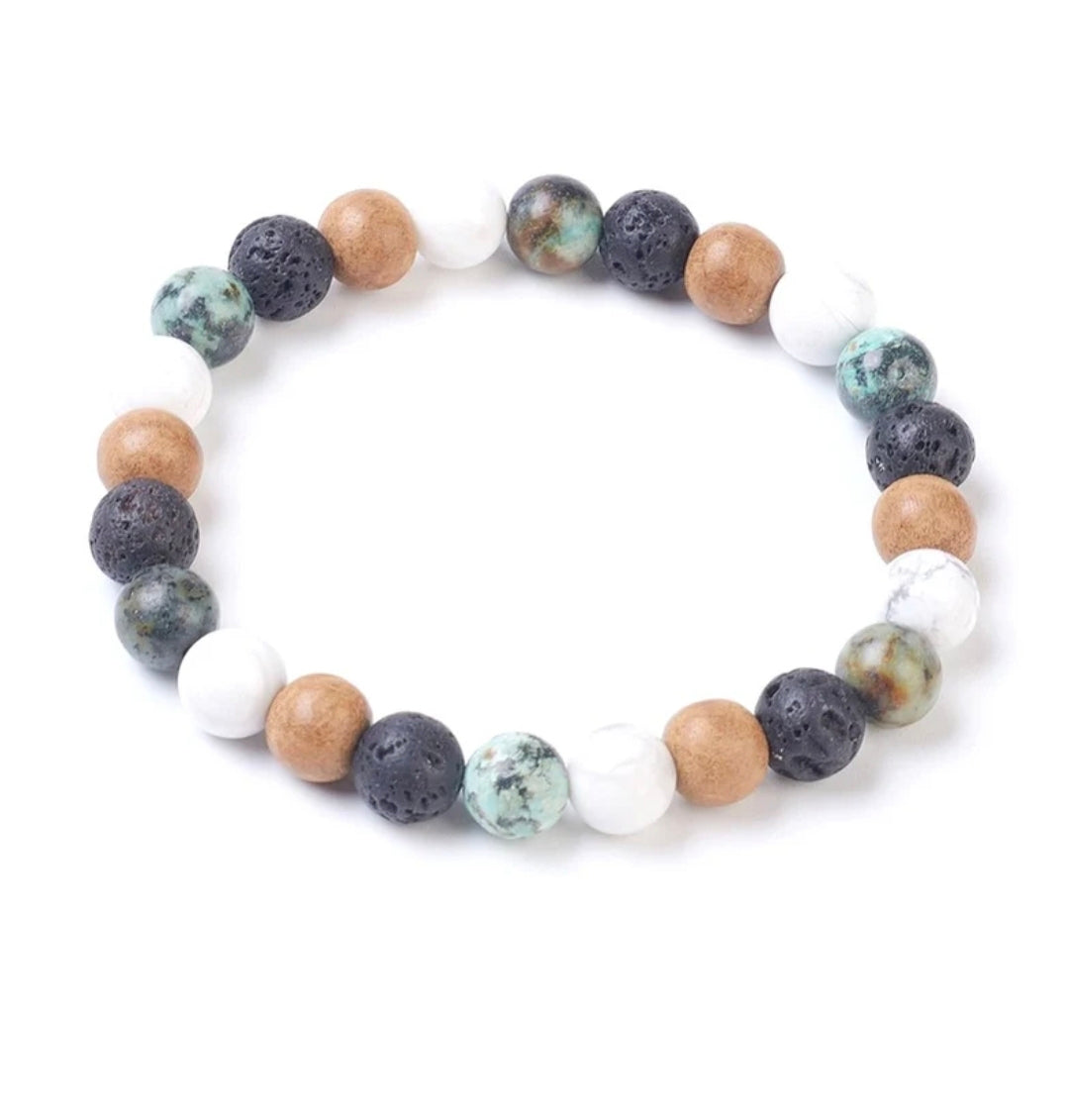 Bracelet pour homme ou femme pierres naturelles jaspe, howlite, lave, bois.