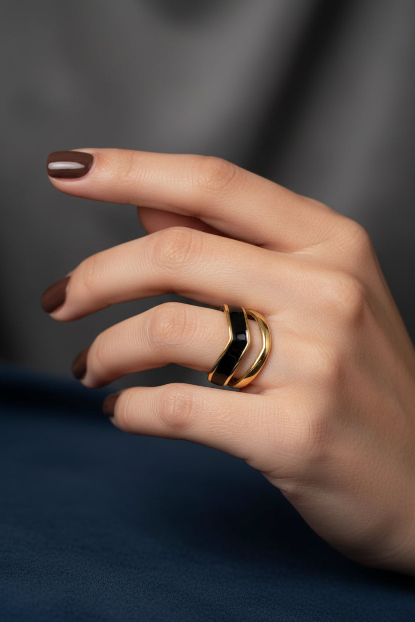 Bague femme acier inoxydable dorée double rang émail