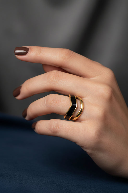 Bague femme acier inoxydable dorée double rang émail