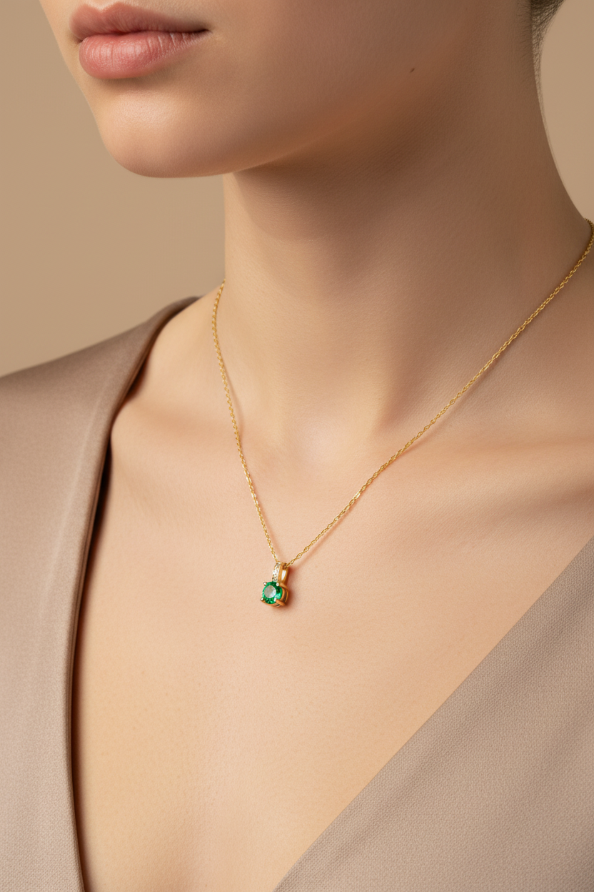 Collier femme oxyde vert et zirconiums sertis sur la bélière doré à l'or fin