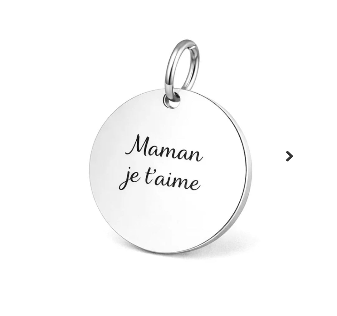Pendentif acier à personnaliser rond argenté thème Maman je t'aime