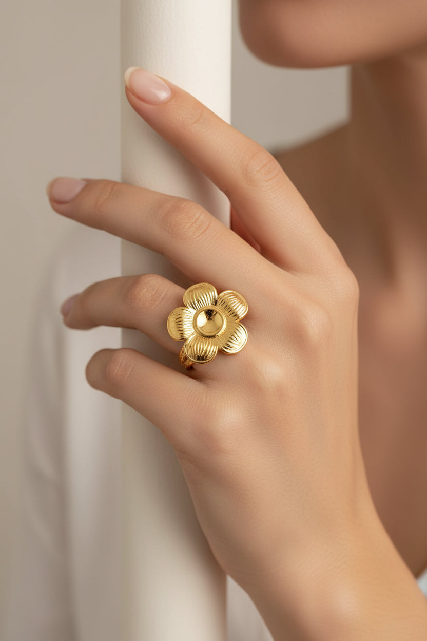Bague femme acier inoxydable réglable en forme de fleur