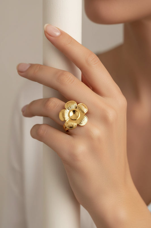 Bague femme acier inoxydable réglable en forme de fleur