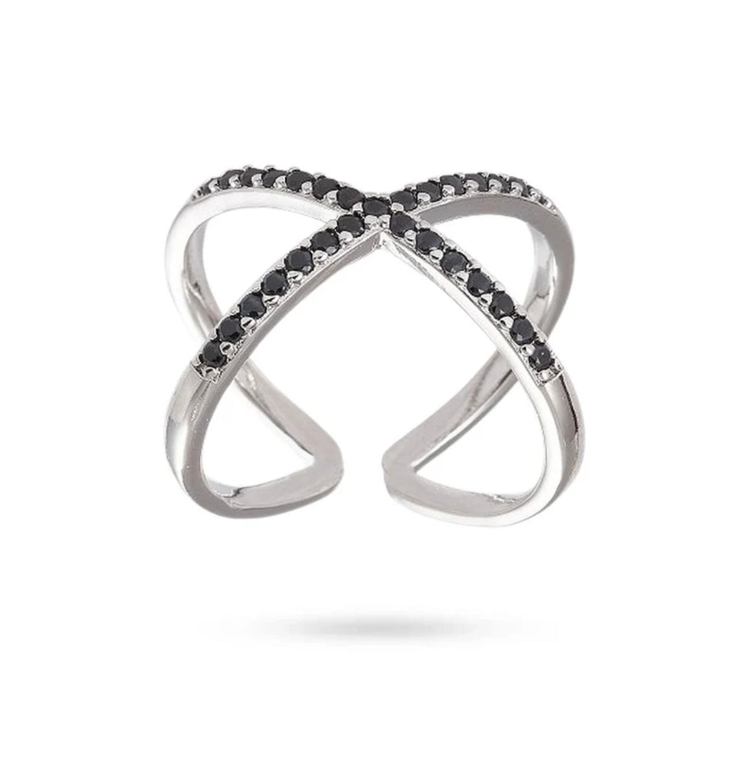 Bague femme réglable entrecroisée diamants CZ noir sertis