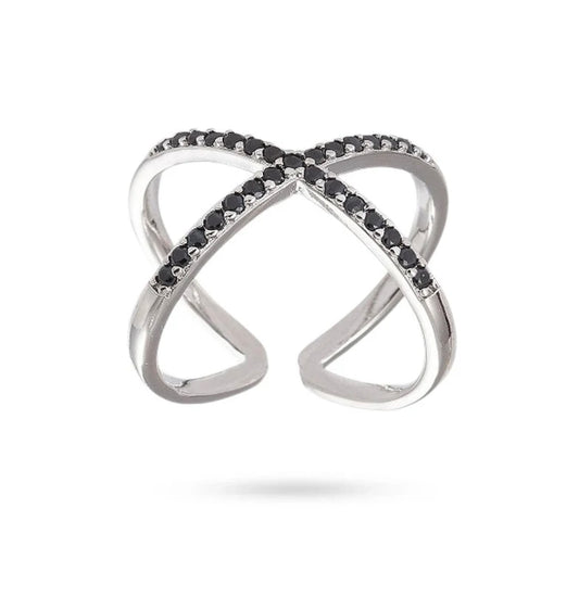 Bague femme réglable entrecroisée diamants CZ noir sertis