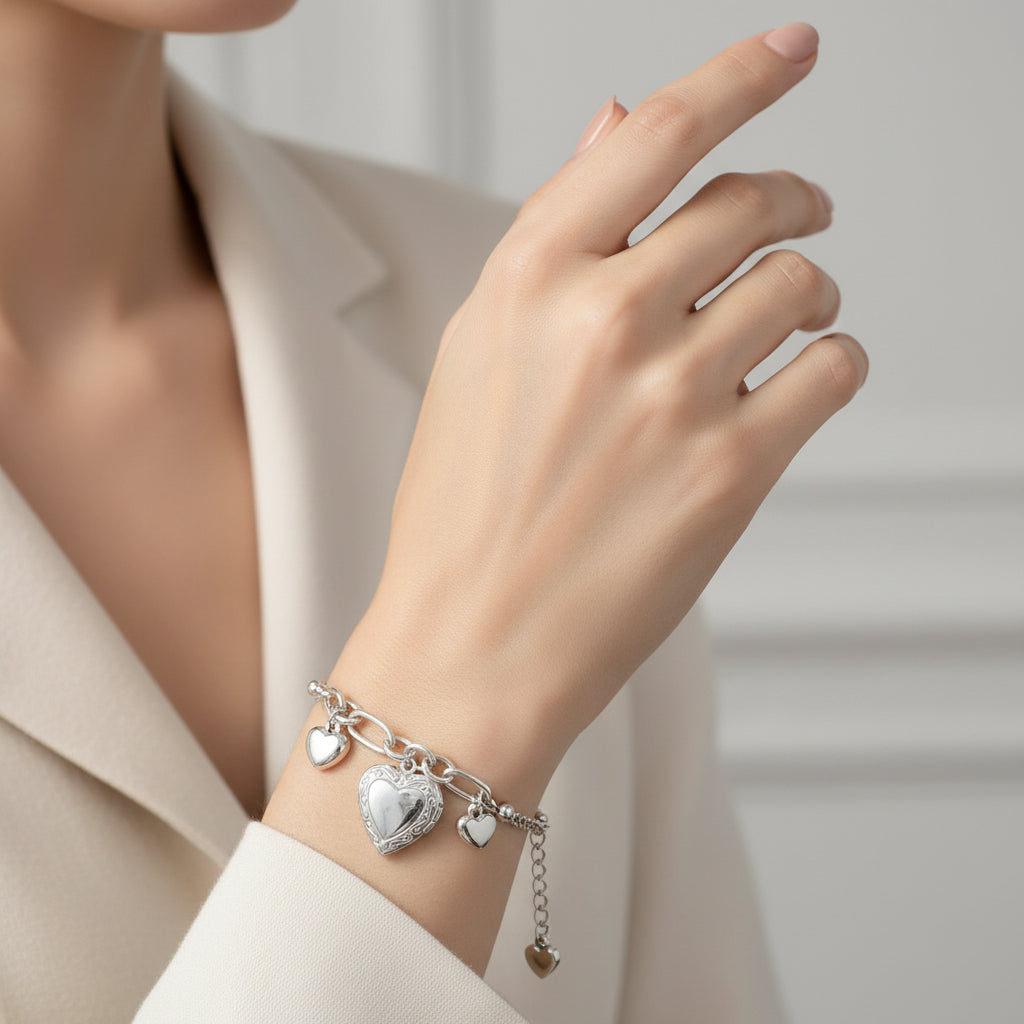 Bracelet acier inoxydable double cœur porte photo