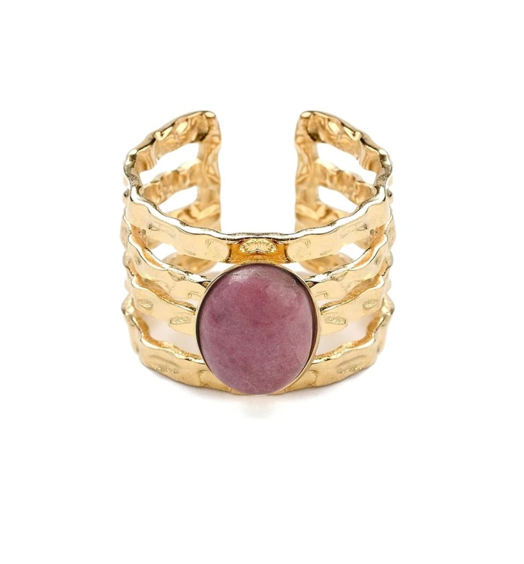 Bague acier inoxydable 4 rangs pierres naturelles rhodonite
