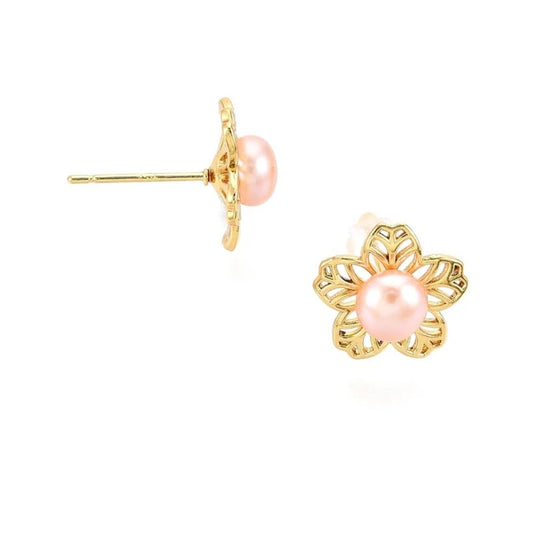 Boucles d'oreilles dorées à l'or fin en forme de fleur perle de culture