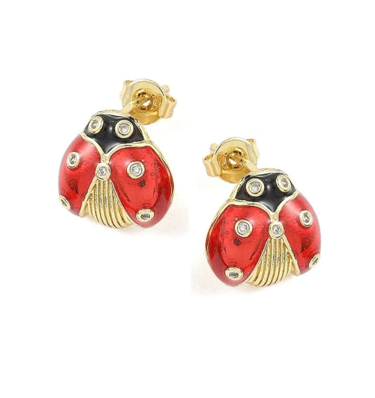 Boucles d'oreilles enfant coccinelles émail rouge dorées à l'or fin