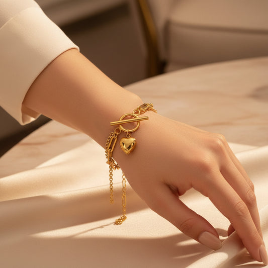 Bracelet femme en acier inoxydable double trombone avec gourmette avec breloque cœur