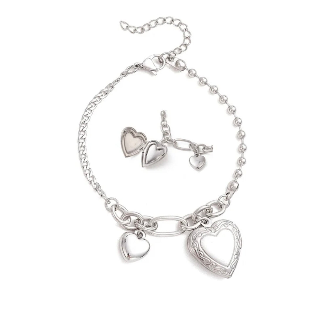 Bracelet acier inoxydable double cœur porte photo