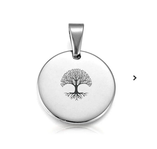 Pendentif acier à personnaliser rond argenté arbre de vie