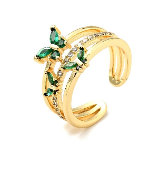 Bague femme réglable papillons diamants CZ vert
