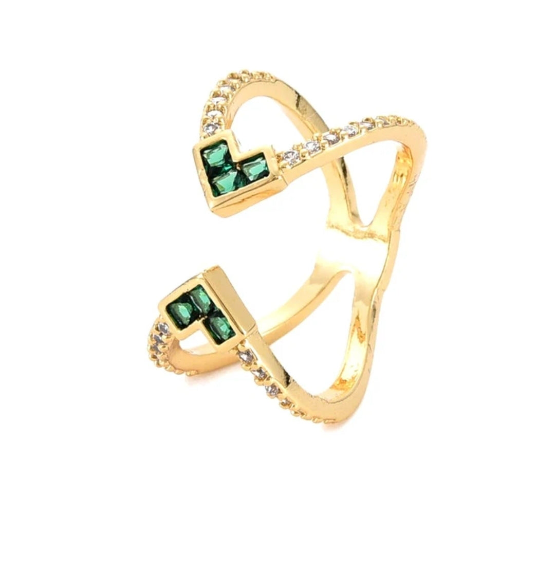 Bague femme réglable ornée de zirconiums vert et blanc sertis