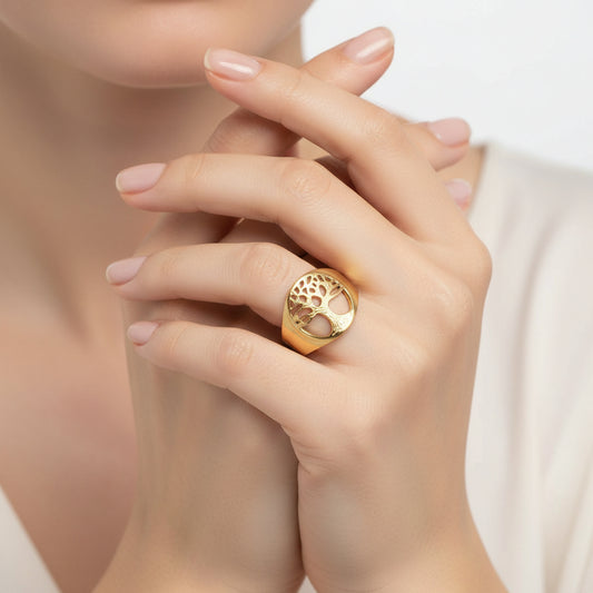 Bague femme acier inoxydable dorée arbre de vie